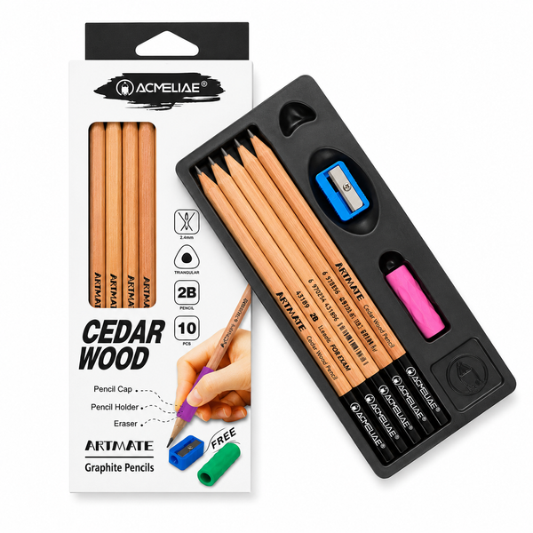Набір графітних олівців Acmeliae Cedar Wood 2B, 10 шт., з точилкою та тримачем-гумкою 0248 фото